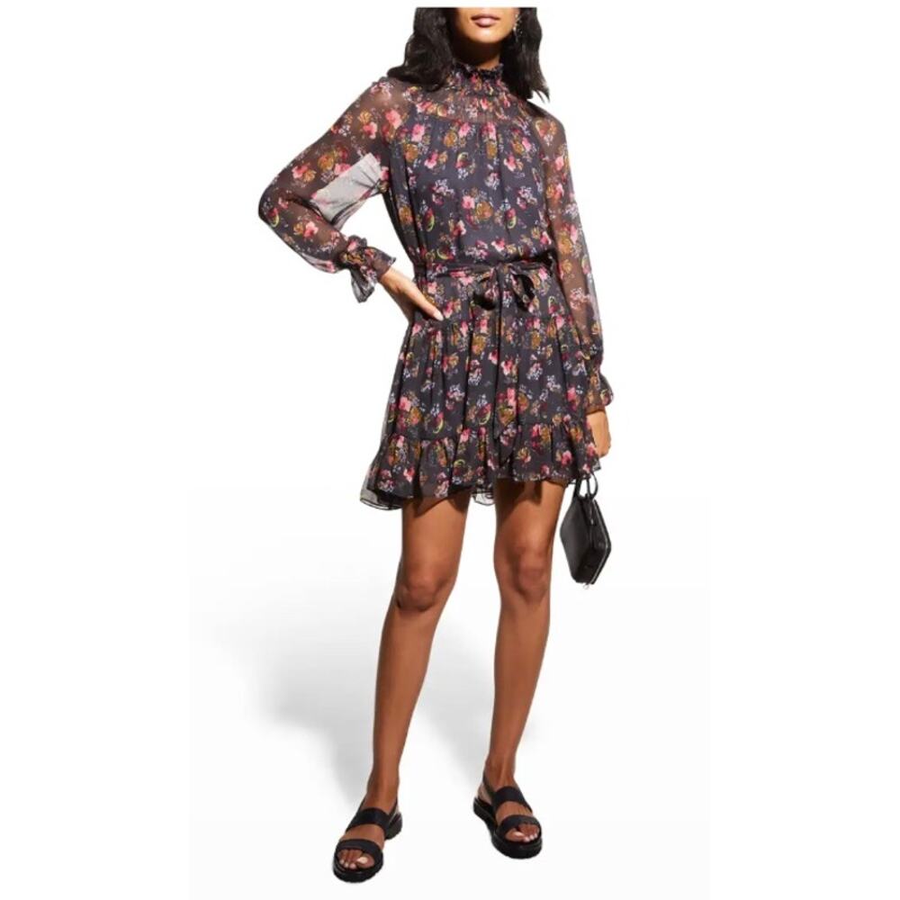Cinq à Sept Daija Belted Tiered Floral Print Chiffon Mini Dress